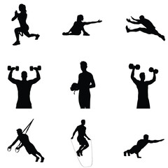 Silhouettes of people exercising lifting weights stretching jumping rope and doing pushups showcasing various fitness activities and workouts