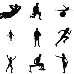Silhouette collection showcasing diverse fitness activities including running stretching weightlifting and core exercises for health and wellness