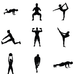 Silhouettes showcase diverse fitness activities including yoga weightlifting stretching and bodyweight exercises promoting health and wellness