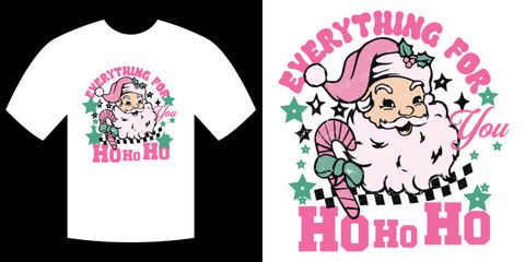 Festive T-shirt Design: Adorned with a cheerful graphic of Santa Claus, playful lettering, embodying the joyful spirit of Christmas, perfect for the holiday season.