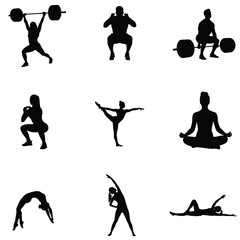 Silhouettes showcasing various fitness activities including weightlifting yoga poses stretching and bodyweight exercises for health and wellness