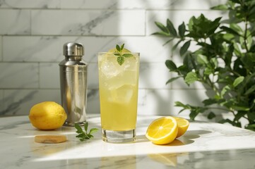Refreshing citrus juice cleanse - chilled lemon drink with ice cubes in a glass, alongside a metallic bowl and cocktail shaker on a white surface, set against a marble tile background with green
