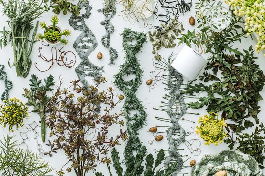 Biological lab research on environmental science, plants, and natural studies featuring DNA gene therapy and molecular elements on clean backgrounds