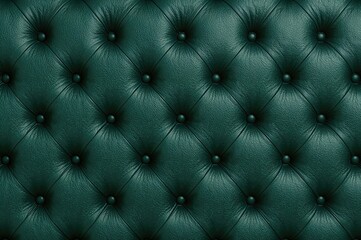 Naklejka premium Close-up of soft tufted upholstery in dark emerald green genuine leather with classic diamond pattern and buttons