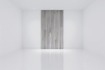 Fototapeta premium Minimalist empty space featuring white walls, wooden paneling, and a shiny white floor - ideal backdrop for exhibitions or presentations, rendered in 3D