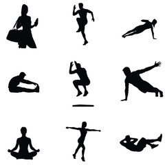 Diverse fitness silhouettes showcase various exercises including yoga running stretching and strength training for health and wellness promotion