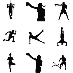 Silhouettes of diverse fitness activities including yoga boxing running and strength training showcase a healthy and active lifestyle concept