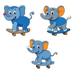 Naklejka premium Skateboarding Elephants — Cute Cartoon Vector Collection in Dynamic Poses