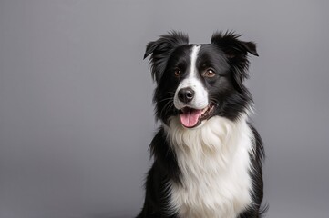 Fototapeta premium Complete portrait of a charming purebred Border Collie gazing sideways against a grey backdrop with space for text. Humorous black and white canine attempting a serious expression.
