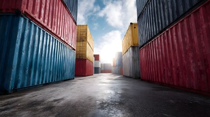 Rows of colorful shipping containers stacked high in a logistics yard under a bright cloudy sky