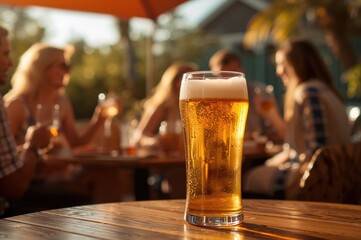 Close-up of large glasses filled with light golden beer topped with foam, perfect for a spring or summer gathering with friends and celebration vibes