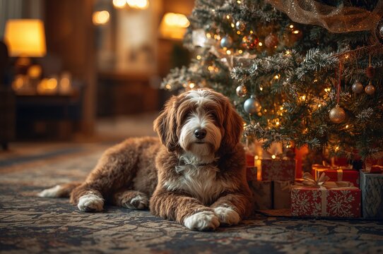 A Bernedoodle Unwinding Near a Festive Tree