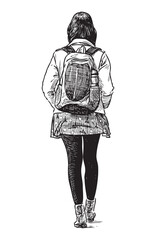 One young modern city girl with  backpack walking outdoors, rear view, sketch, realistic hand drawing, vector illustration