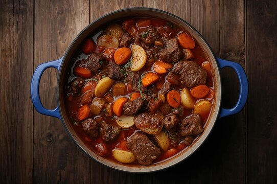 Slow-cooked beef with root vegetables and aromatic spices on a rustic wooden surface, overhead shot.