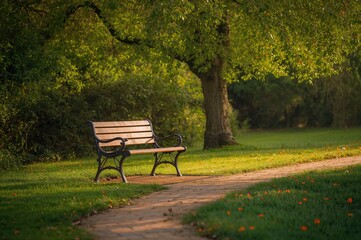 Fototapeta premium A park bench basking in the morning sunlight