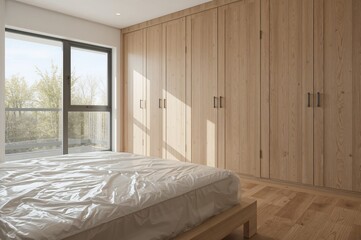 Bedroom featuring a bed wrapped in protective plastic, a fitted wardrobe, and an aluminum-framed window in the backdrop
