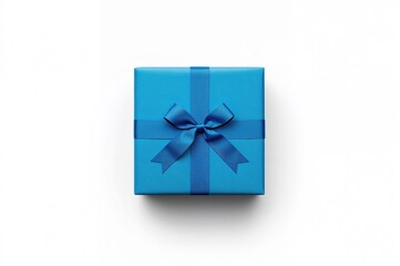 Large blue present wrapped with a blue ribbon on a white backdrop, overhead view, blank space, design mockup