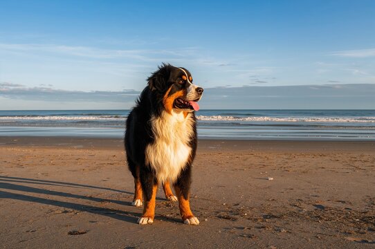 Dog of Berner Senner breed enjoying time on the shore