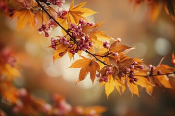 Vibrant fall foliage and blooming flora backdrop, natural elements, colorful leaves, seasonal beauty, close-up