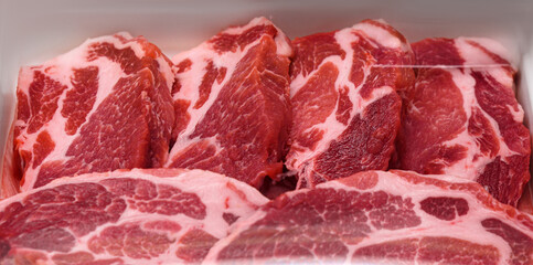 Fresh, veiny meat. Good, select steaks.