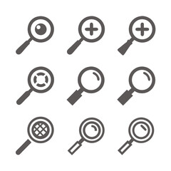 Magnifying glass set. Search and zoom icon. Analysis, discovery, and exploration