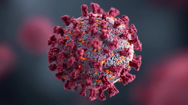 Detailed close-up of a coronavirus particle, showcasing its structure and spikes, with a blurred background emphasizing its significance in health discussions
