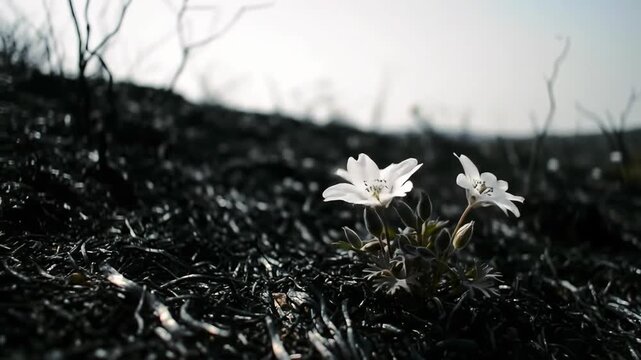 White flower blooms amidst charred earth after a wildfire event