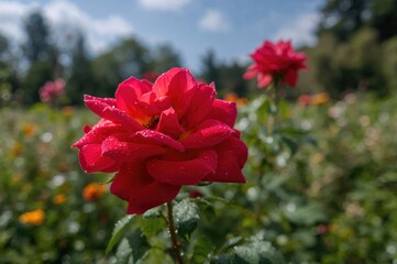 A vibrant red rose blossom photographed up close on a sunny summer afternoon in a garden.