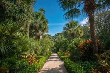 Obraz premium Scenic path surrounded by lush greenery and clear skies, featuring palm trees and natural textures, empty and spacious for text