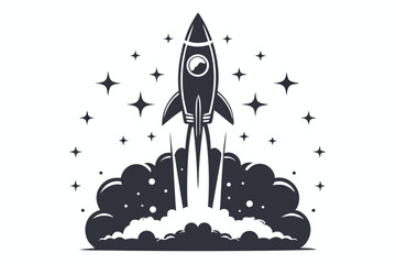 Rocket Launching in Space, Smoke Trails, Stars, Silhouette Design, White Background
