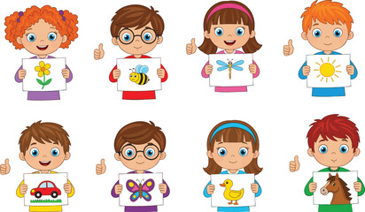 Children holding drawing pictures, kids showing artwork, cartoon illustration of school activity, preschool learning, creative art class design, education
