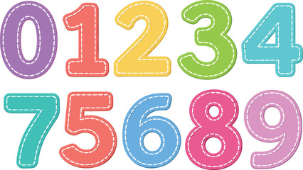 Colorful stitched numbers illustration, kids learning numbers design, educational counting graphic, playful preschool math clipart, bright cartoon numeric vector art