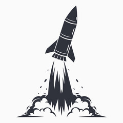 Rocket Ship Launching with Flames and Smoke on White Background