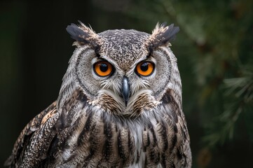 Obraz premium Detailed close-up of an eagle-owl highlighting vibrant orange eyes and complex feather designs