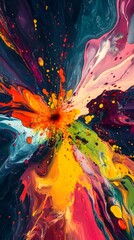 A vibrant explosion of colorful liquid paint radiating outwards.