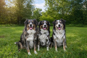 Black and grey dogs with white spots happily sitting in the park