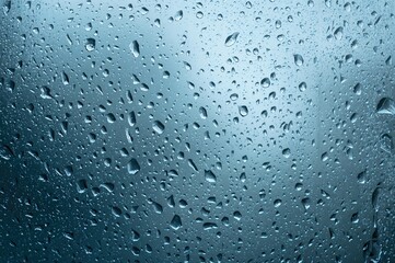 Blue glass surface adorned with raindrops