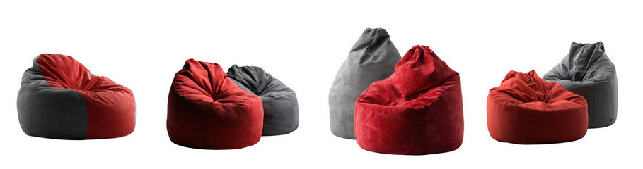 Group of red and gray bean bag chairs in various sizes and textures, isolated on transparent background
