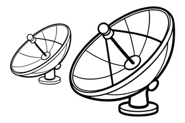 Two Satellite Dishes Antenna in Outline Style, Communication on White Background
