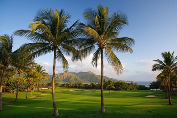 Tropical island scenery with palm trees, lush greenery, and a golf course.