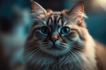 Fototapeta premium Close-up of a furry feline with a blue backdrop and whiskers