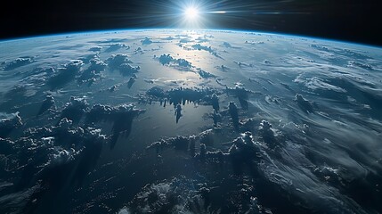 Fototapeta premium Stunning Earth view from space with sun shining brightly over clouds and oceans, inspiring awe and wonder for global connectivity and exploration