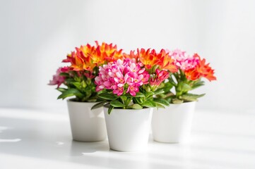 Fototapeta premium Lovely potted kalanchoe blossoms against a white backdrop