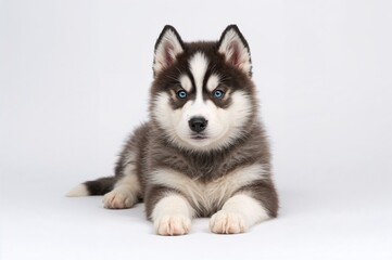 Adorable young siberian husky sitting against a plain white backdrop