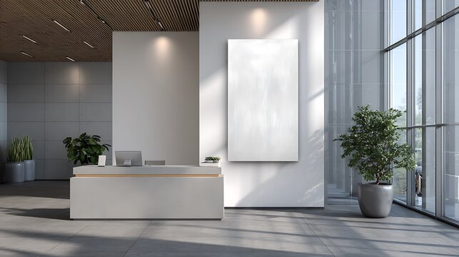 Modern office lobby interior design with blank canvas mockup and reception desk for branding showcase
