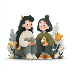 Two young girls smiling while holding Easter eggs among flowers  