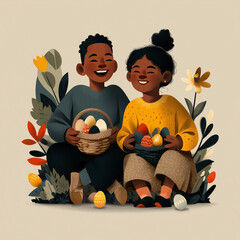 Siblings laughing while holding baskets of colorful eggs for Easter  