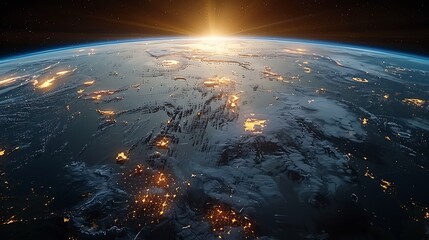 Stunning view of Earth from space with bright city lights illuminating the night and golden sunrise breaking the horizon