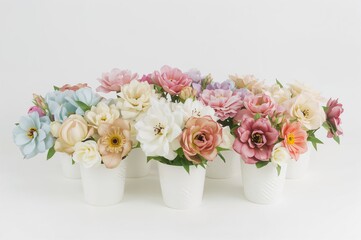 Obraz premium Vibrant plastic blossoms showcased in white containers against a plain white backdrop