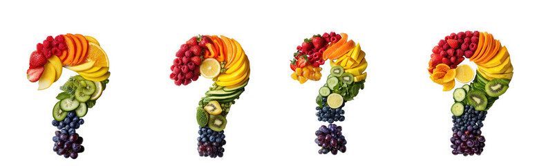 Four question marks made of fresh fruit and vegetables, isolated on transparent background